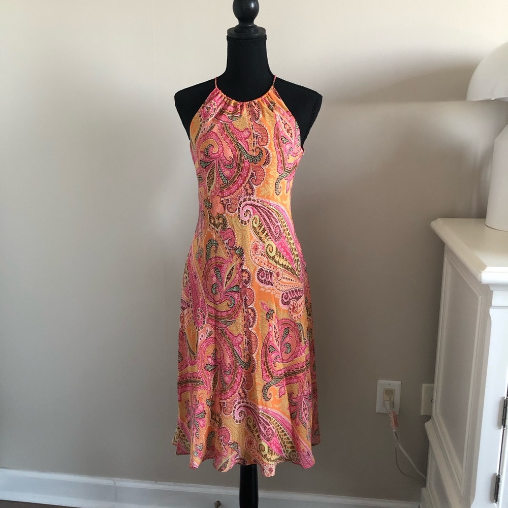 Ann Taylor Paisley Halter Midi Dress in Pink & Orange